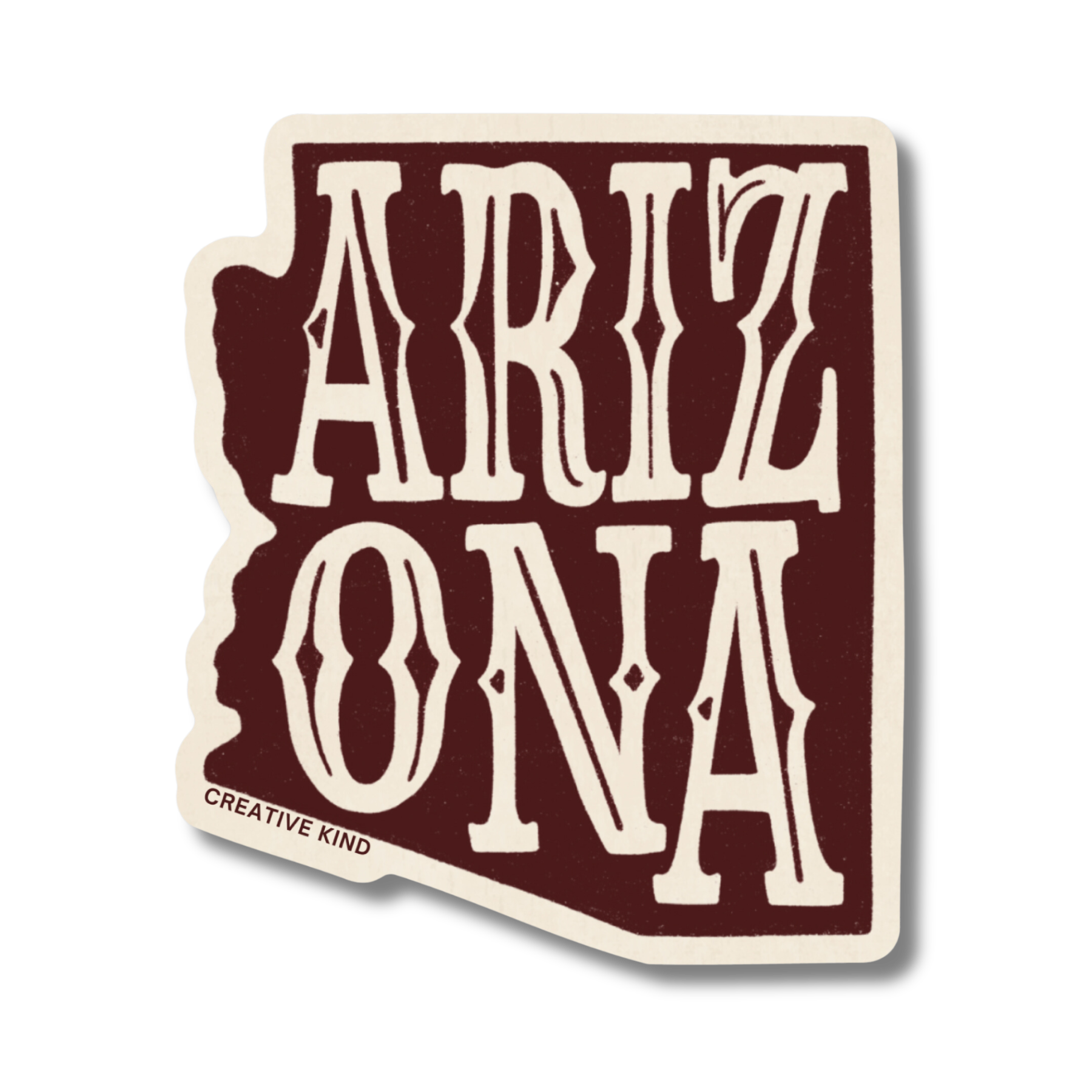 Die cut vinyl sticker of the state of Arizona with the word Arizona in a western-style font - the color of the state is umber and the word Arizona is light tan